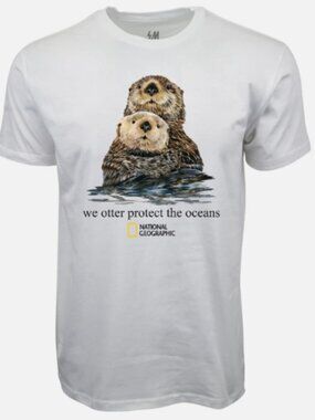 National Geographic Otters''We Protect The Oceans'' White Graphic Tee